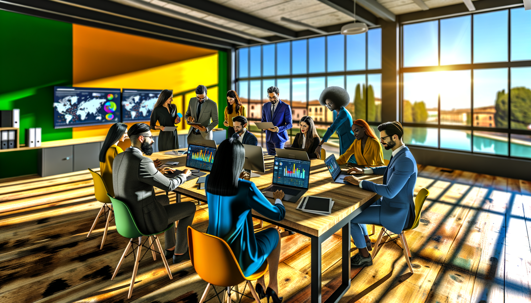 Team di professionisti in ufficio moderno che utilizzano laptop e tablet per automazione reporting aziendale durante una riunione di lavoro