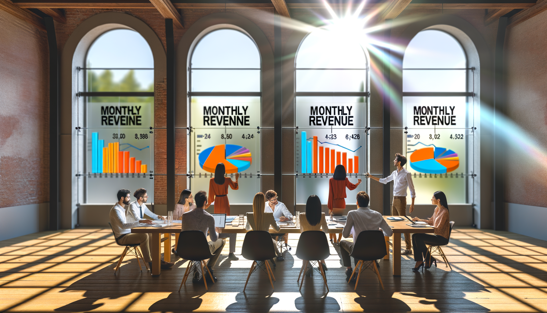 Team di professionisti in riunione in una sala luminosa con grafici di kpi fatturato mensile analisi proiettati sulle finestre