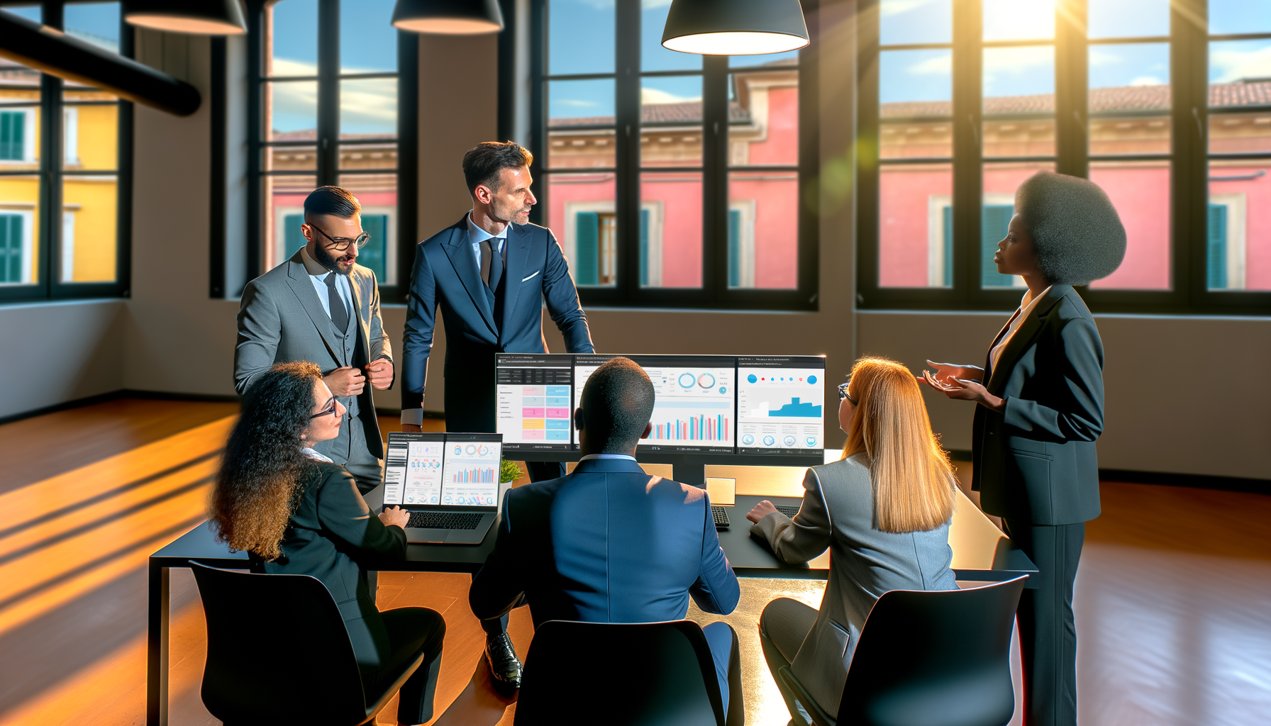 Team di professionisti in ufficio che discutono dati e grafici su schermi e laptop, illustrando cos'è un crm e come funziona