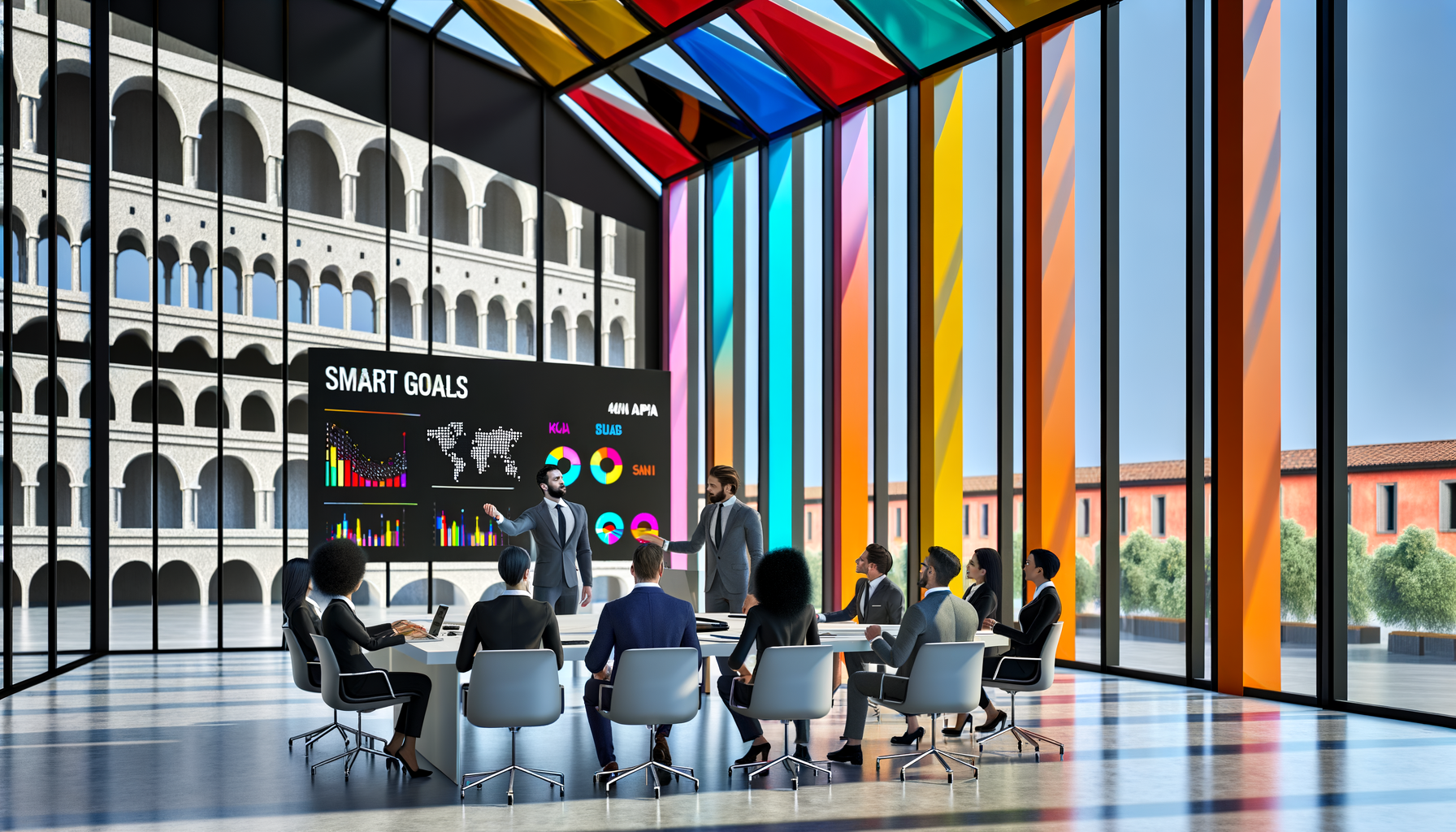 riunione aziendale in ufficio moderno con presentazione su smart goals, obiettivi smart e kpi su schermo digitale