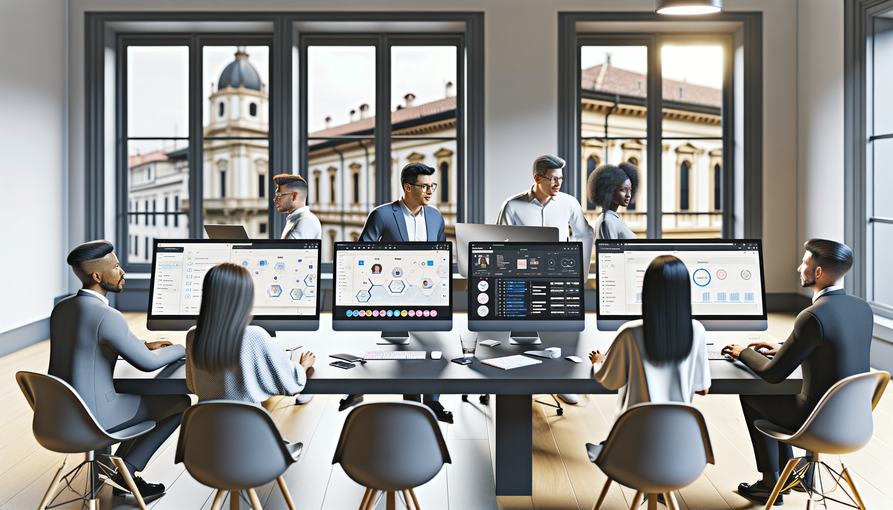 Team di professionisti in ufficio moderno che utilizza un software CRM su vari schermi per gestire dati e clienti, illustrando cos'è un CRM e come funziona