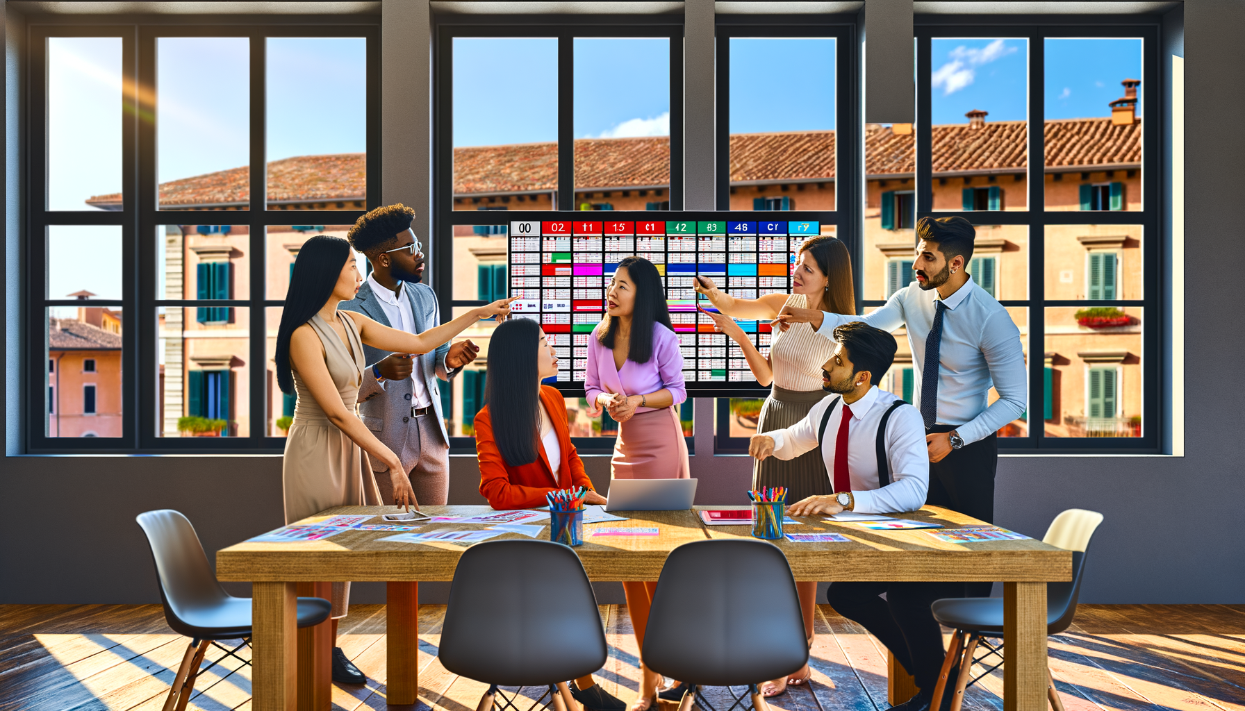 Gruppo di professionisti in ufficio che discutono davanti a un grande calendario condiviso aziendale migliore appeso alla parete