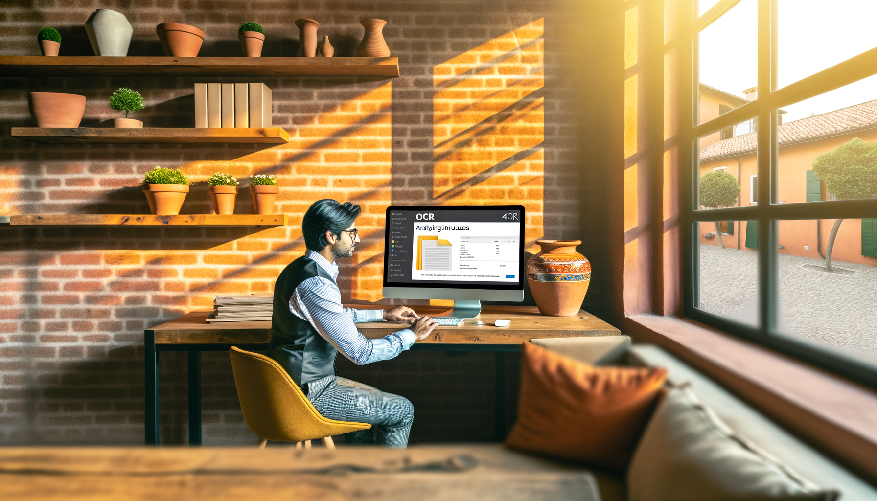 Uomo seduto a scrivania in ufficio moderno che utilizza software di ocr intelligente fatture ai su computer desktop con luce naturale