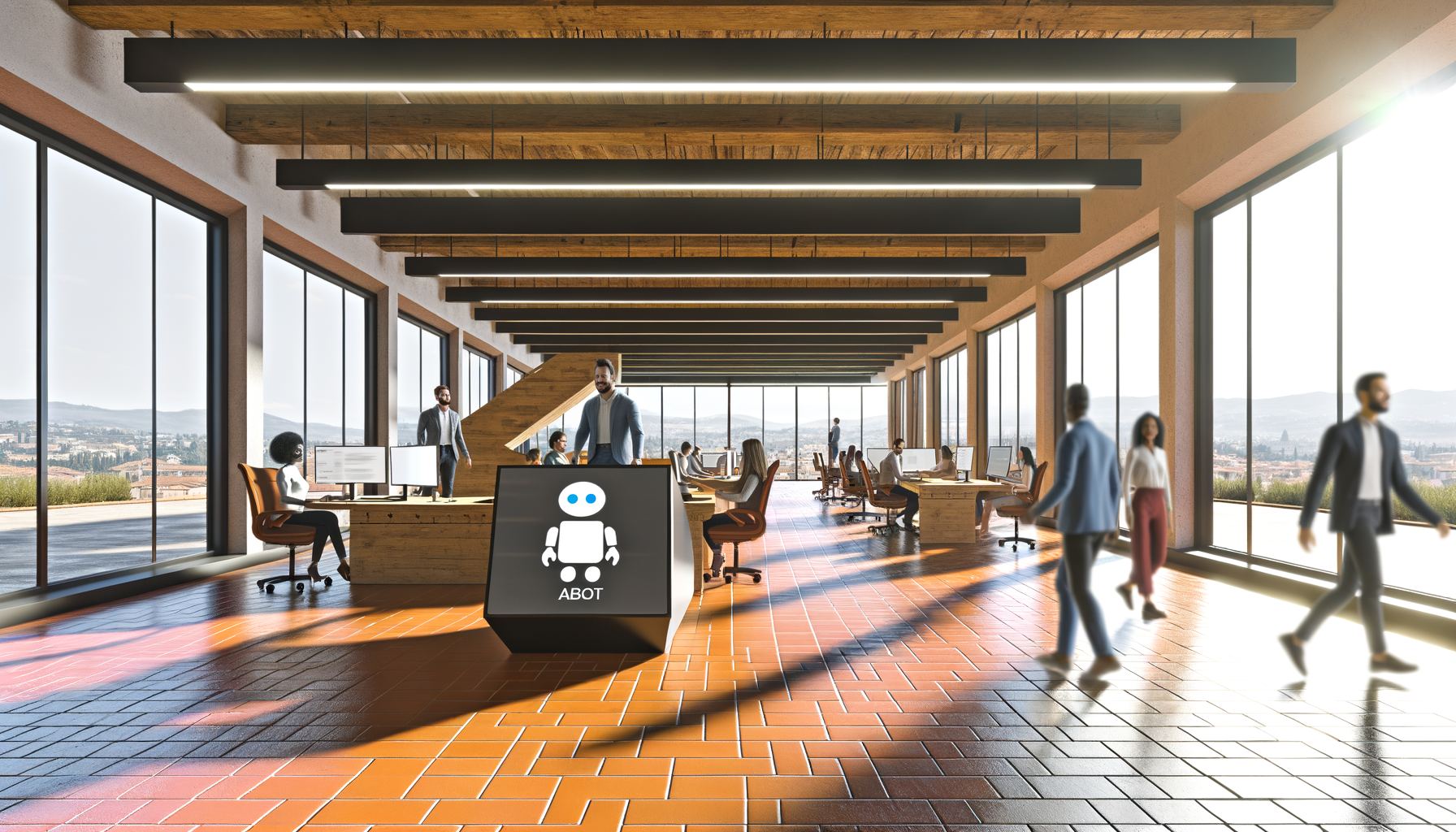 Ufficio moderno con persone al lavoro e un display digitale con icona di robot e testo ABOT, rappresenta bot telegram per aziende