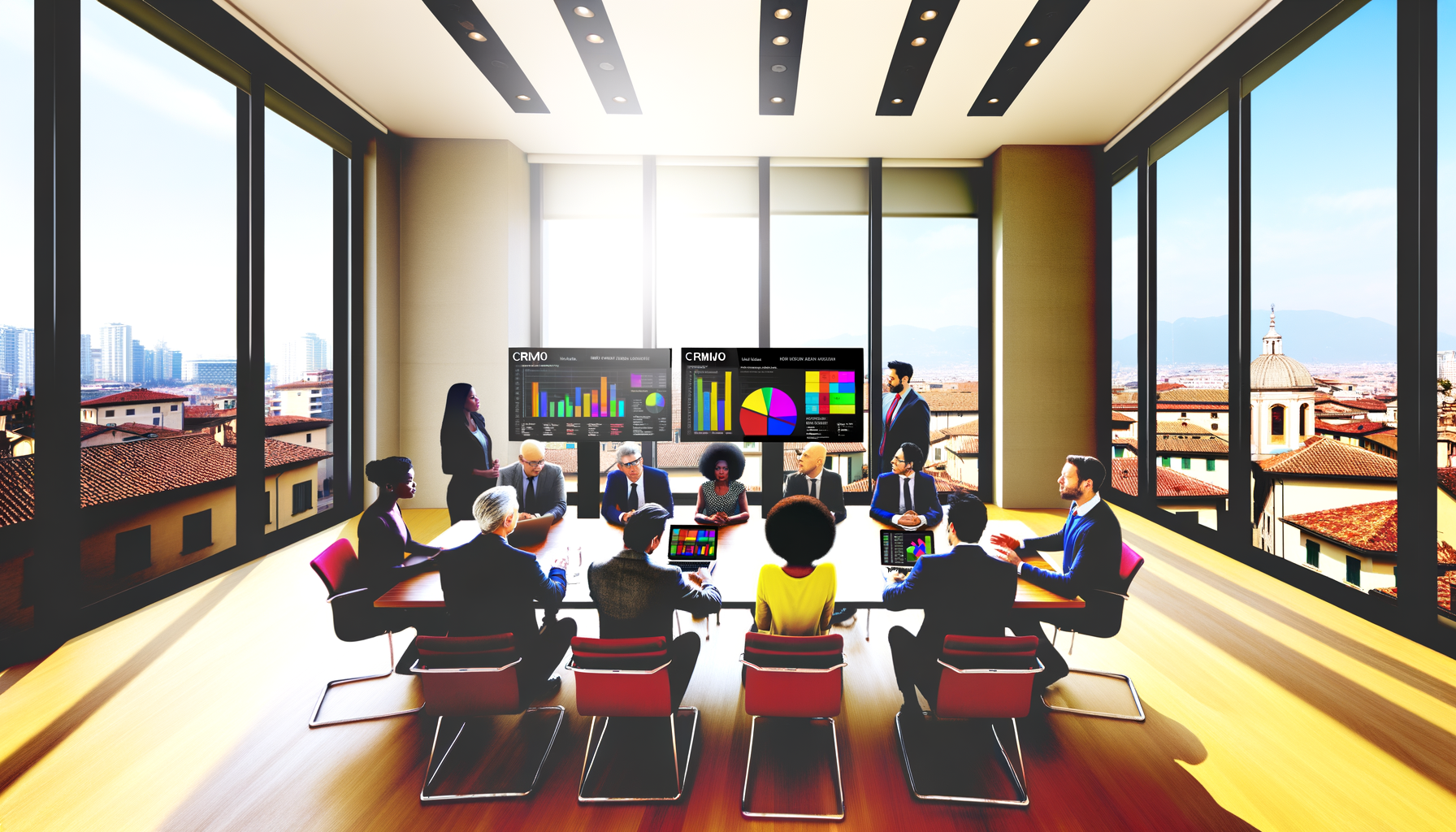 riunione aziendale in una sala conferenze moderna con grafici e dati sul costo crm aziendale medio visualizzati su schermi digitali
