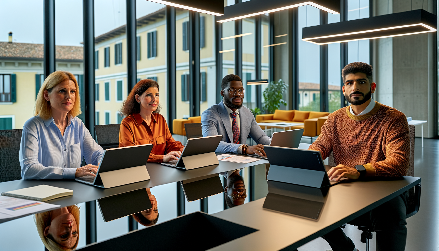 Quattro dipendenti in un ufficio moderno partecipano a un training digitale dipendenti online usando tablet e laptop