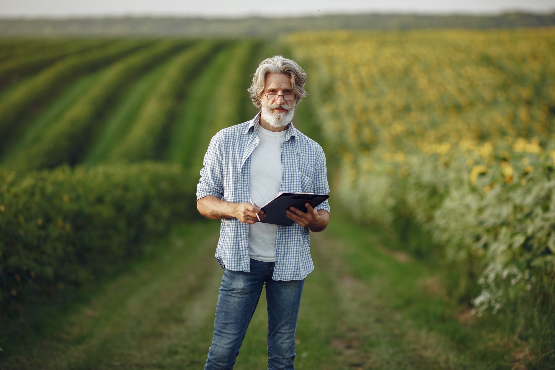 Agricoltore italiano consulta tablet in campo per gestione coltura