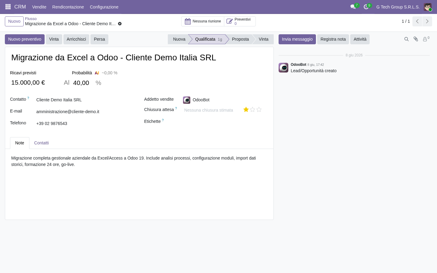 Schedule meeting CRM Odoo 19 PMI italiane high-touch sales