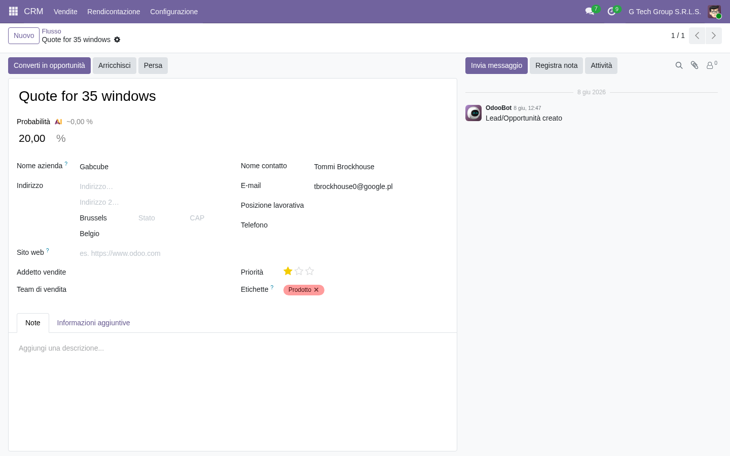 Send email follow-up CRM Odoo 19 PMI italiane sales