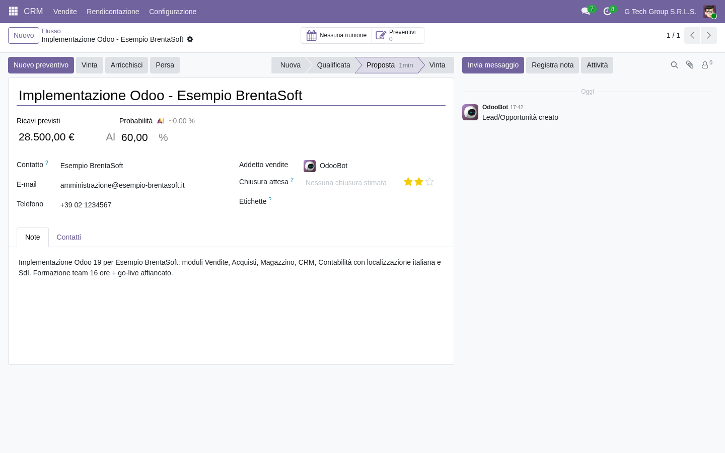 Dettaglio opportunità CRM Odoo 19 per visualizzazione AI lead scoring PMI