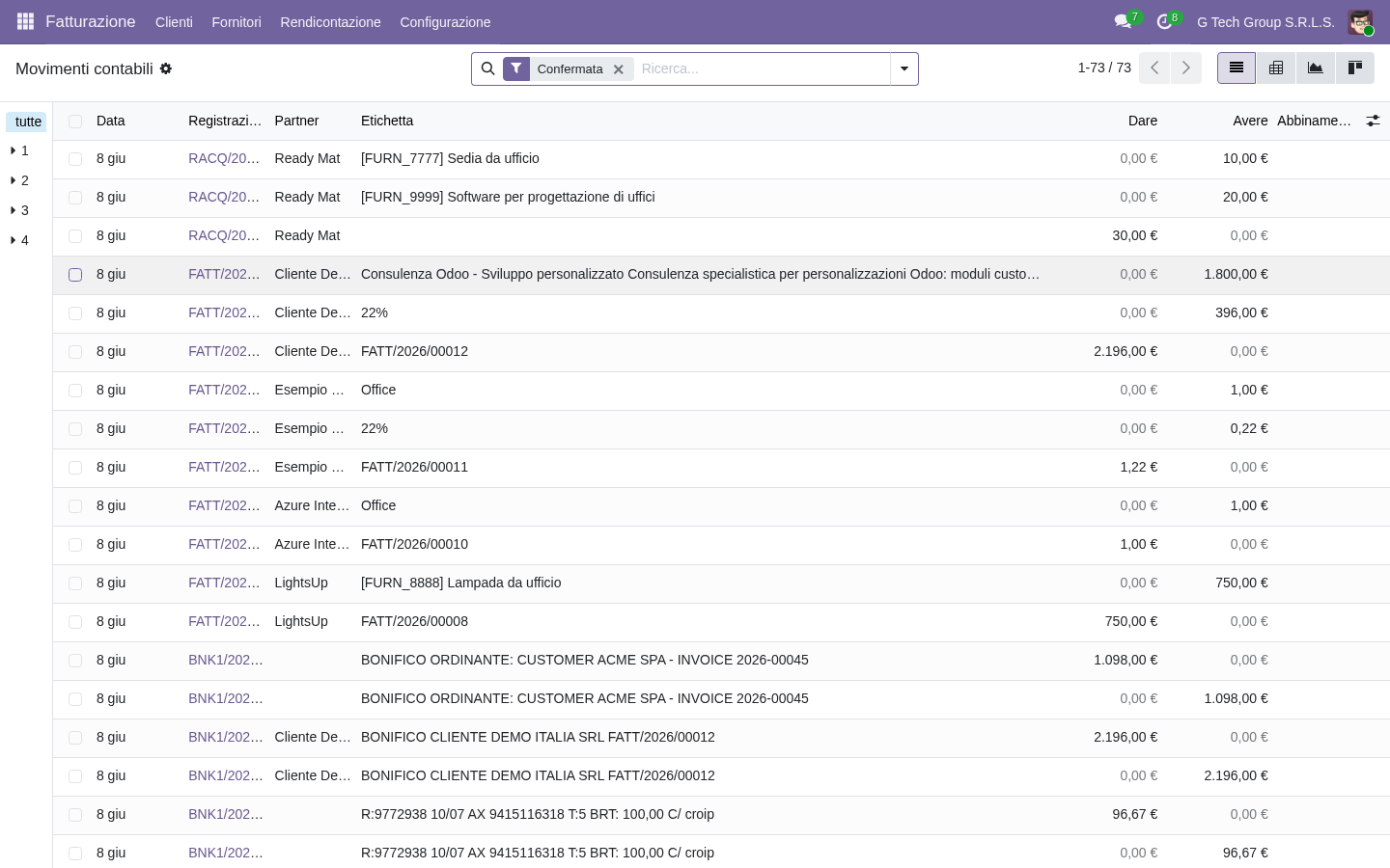 Registri movimenti contabili Odoo 19 con AI classification compliance PMI