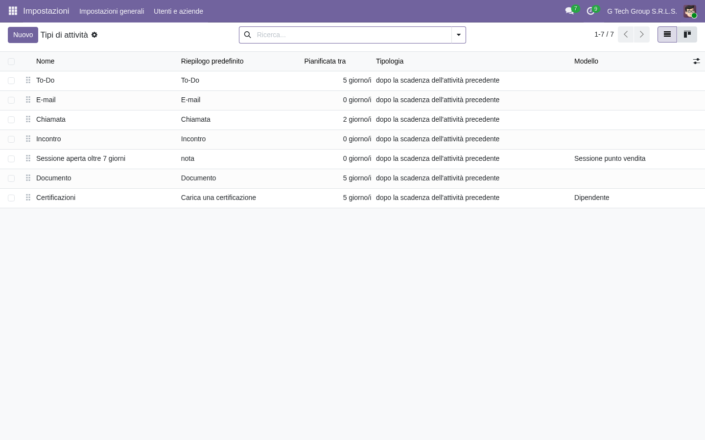 Odoo 19 activity types configurazione approval workflow PMI italiane