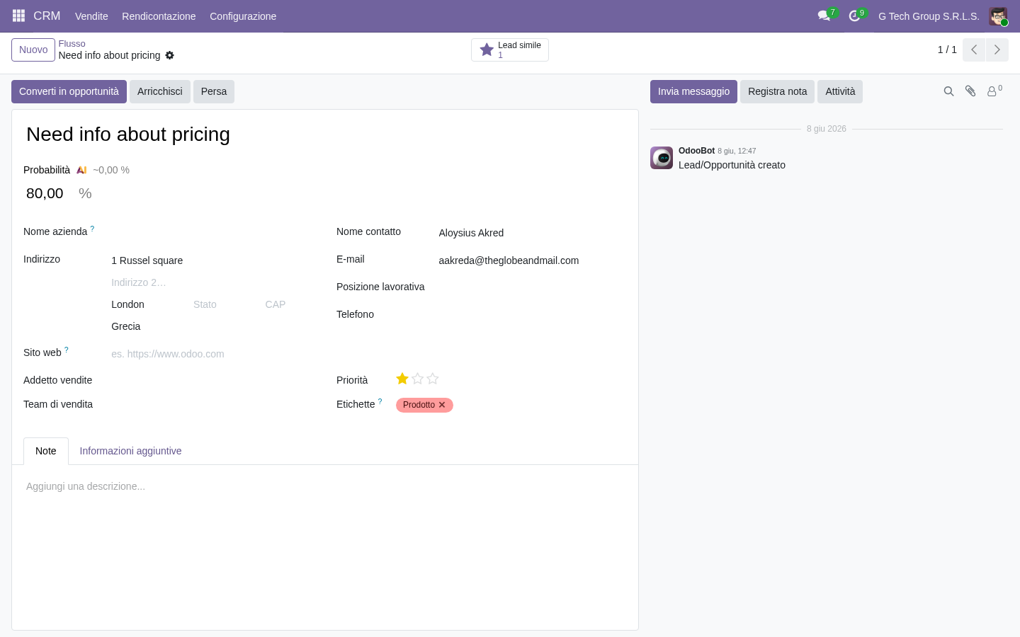 Lead marketing integration CRM Odoo 19 PMI italiane scoring