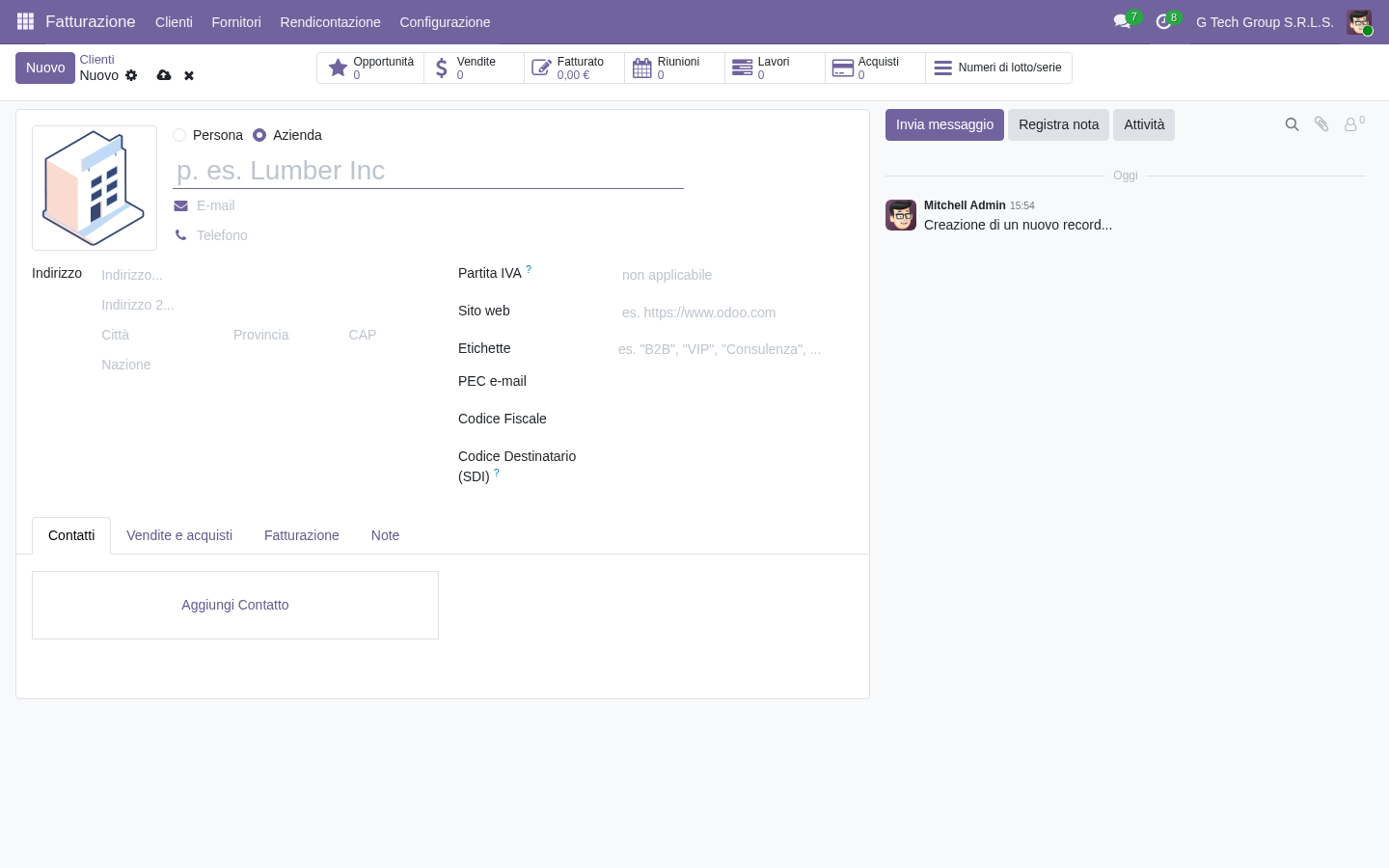 Scheda nuovo cliente Odoo 19 vuota
