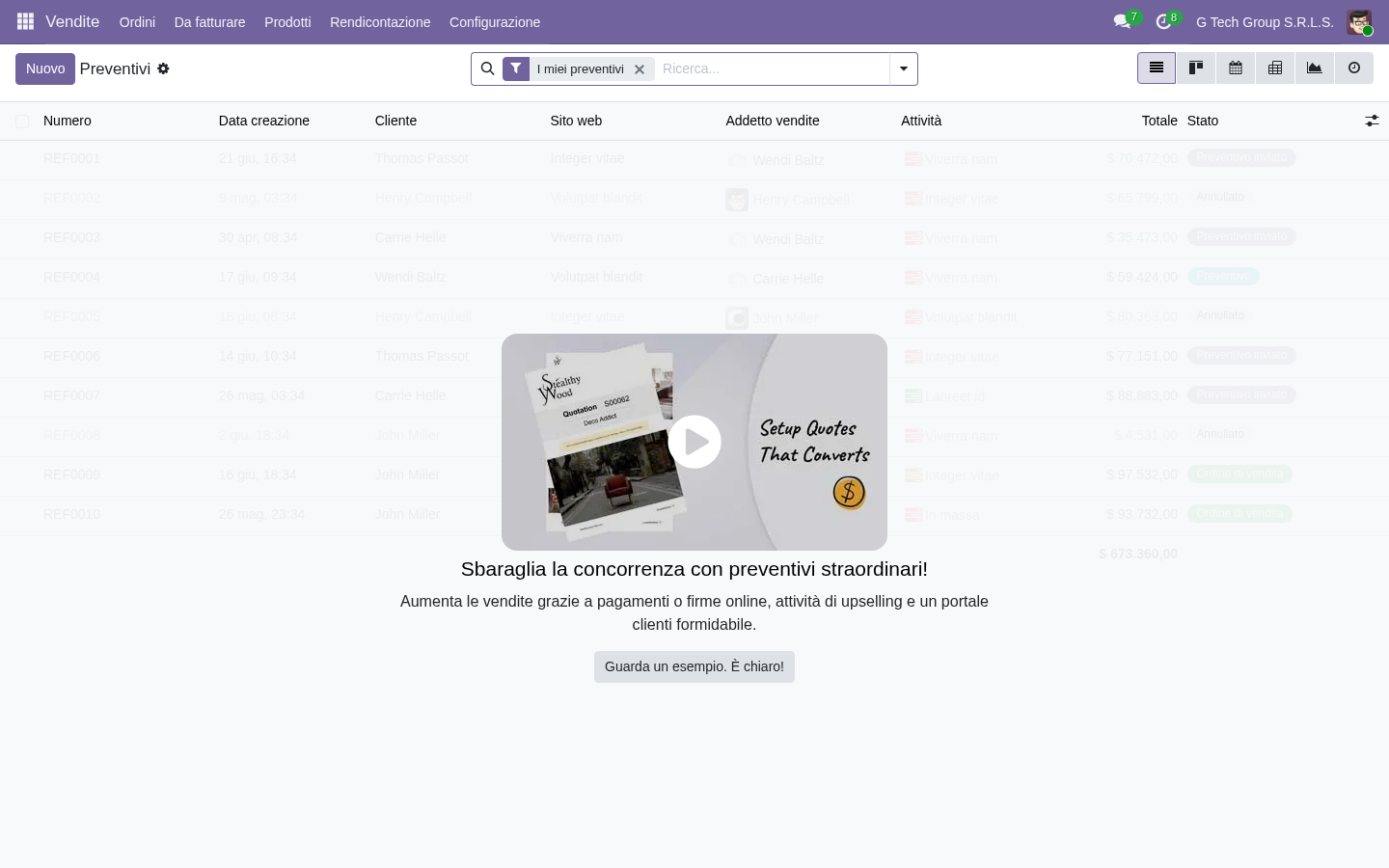 Lista preventivi Odoo 19 con numero stato data validità importo per gestione contratti