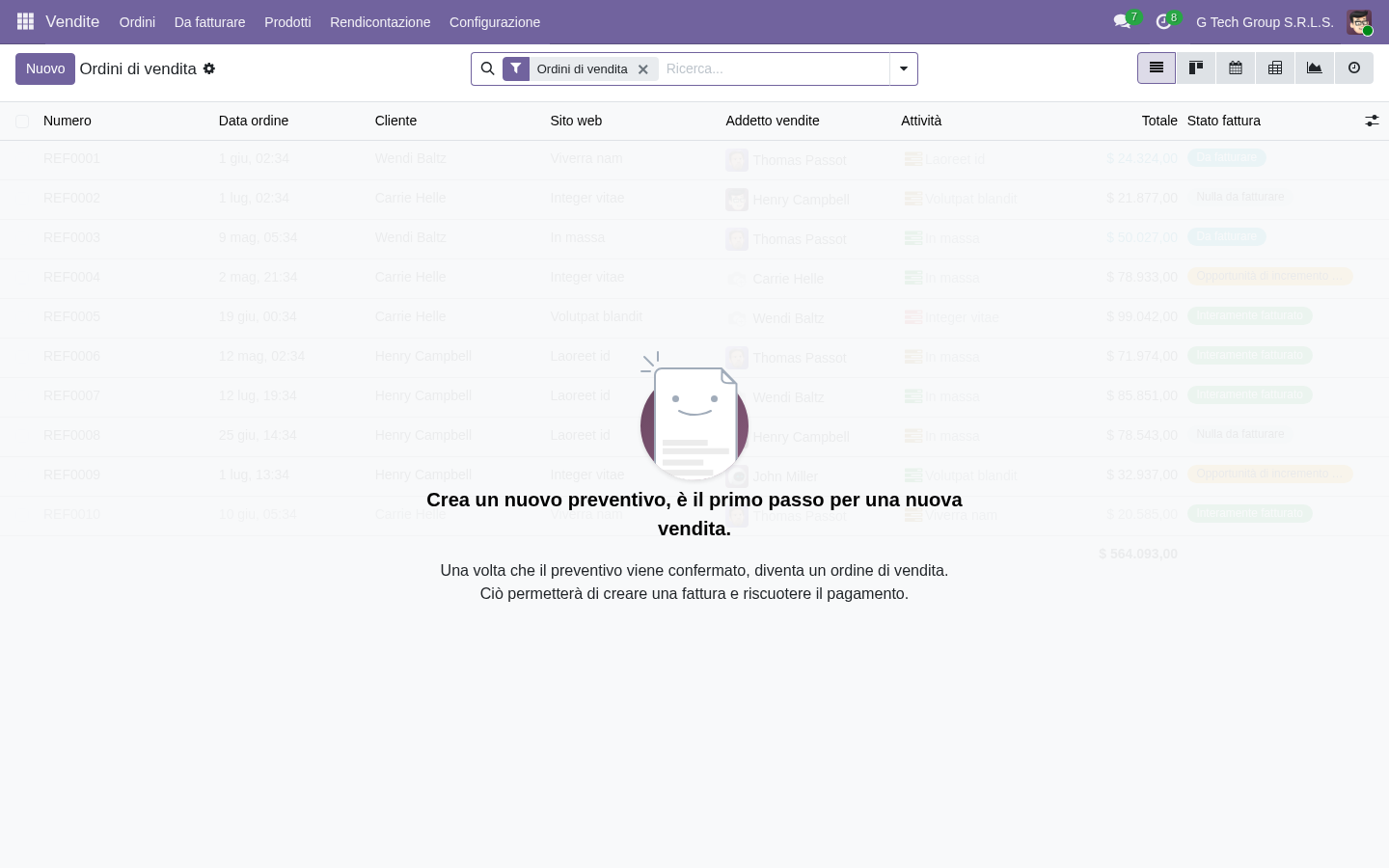 Lista ordini di vendita Odoo 19 con stato totale data e cliente per tracking finanziario contratti