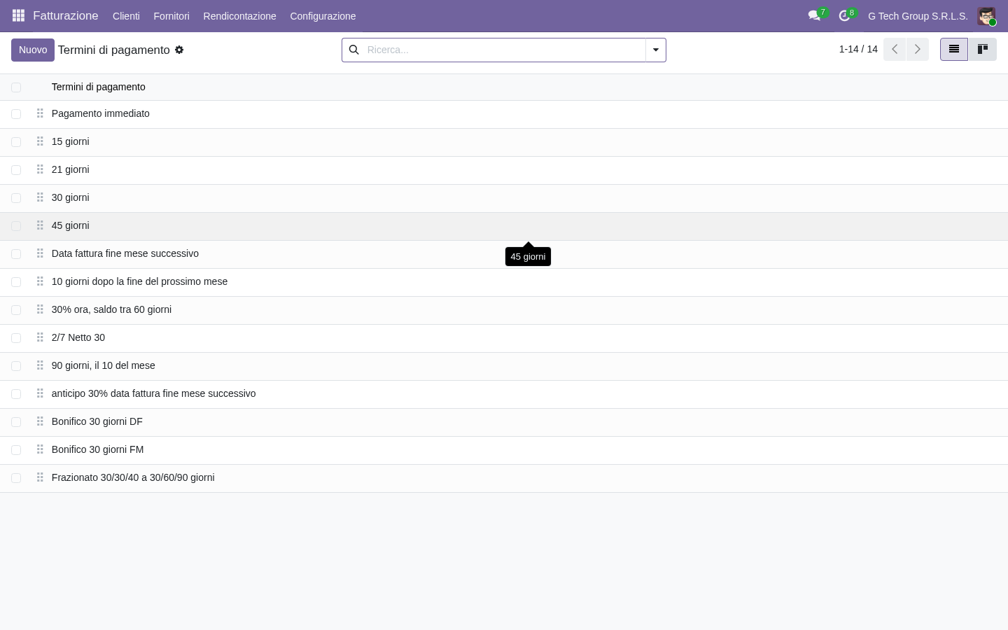 Configurazione termini di pagamento Odoo 19 con percentuali e scadenze multiple per milestone