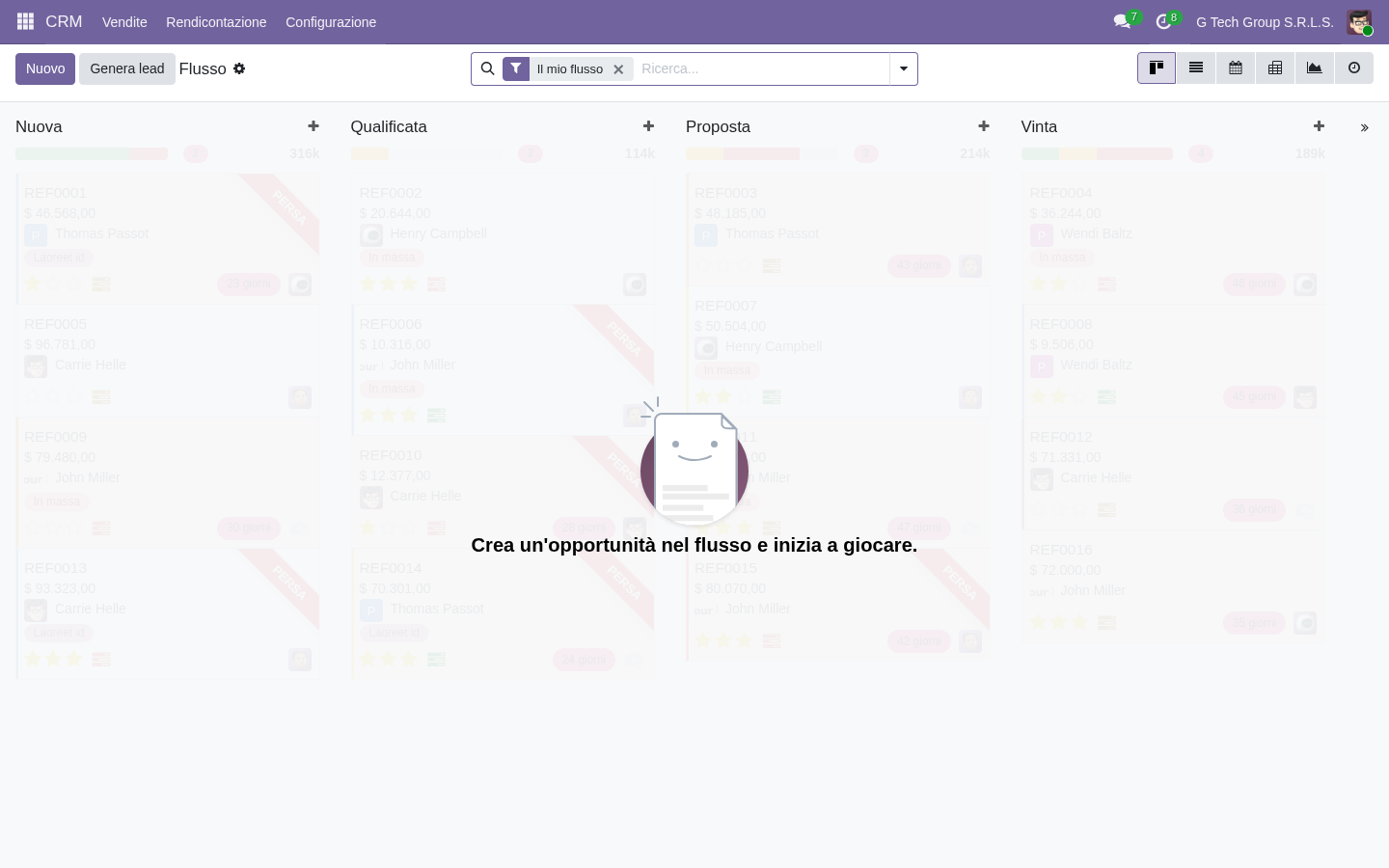 Pipeline CRM Odoo 19 con 4 stage e valori totali per fase