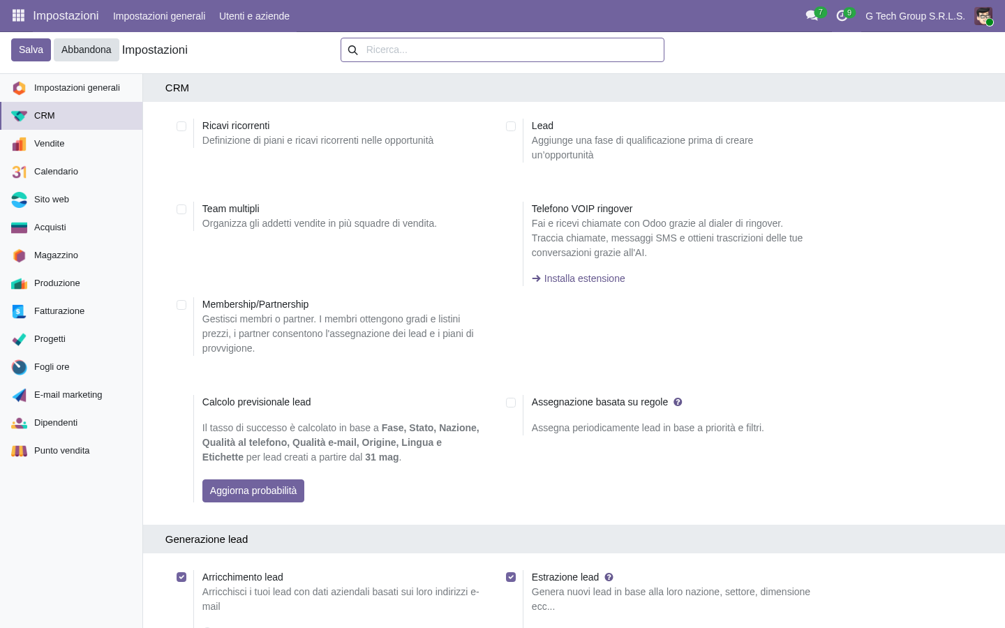 Settings CRM Odoo 19 configurazione PMI italiane setup base
