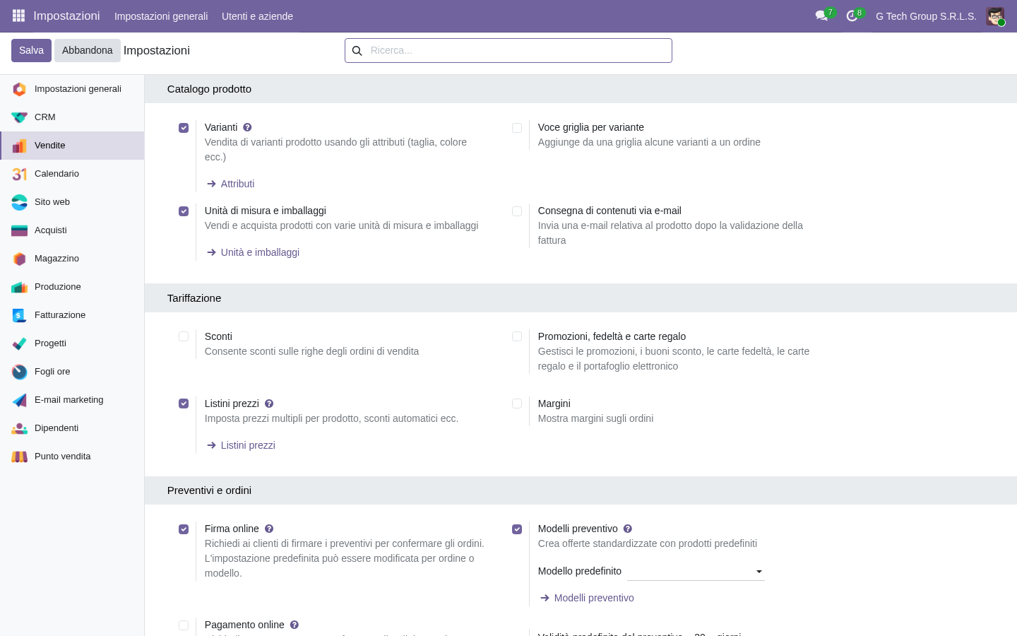 Settings configurazione Odoo 19 vendite per gestione customizzazioni via codice