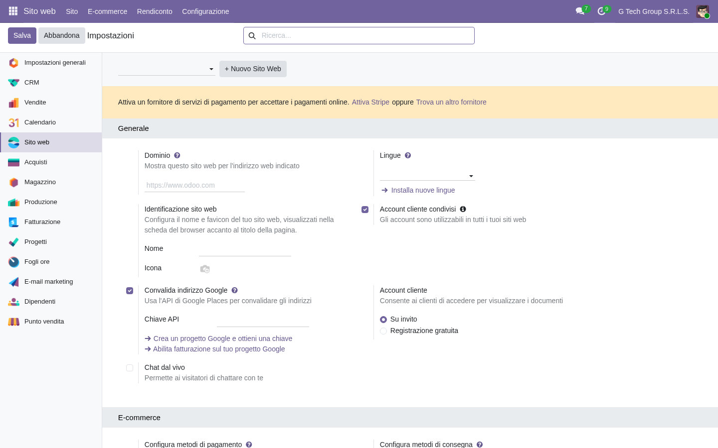 Odoo 19 website configurator e-commerce setup PMI italiane no-code