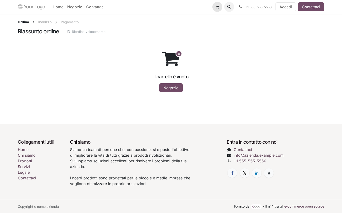 Checkout Odoo 19 con flusso 3 step Ordina Indirizzo Pagamento