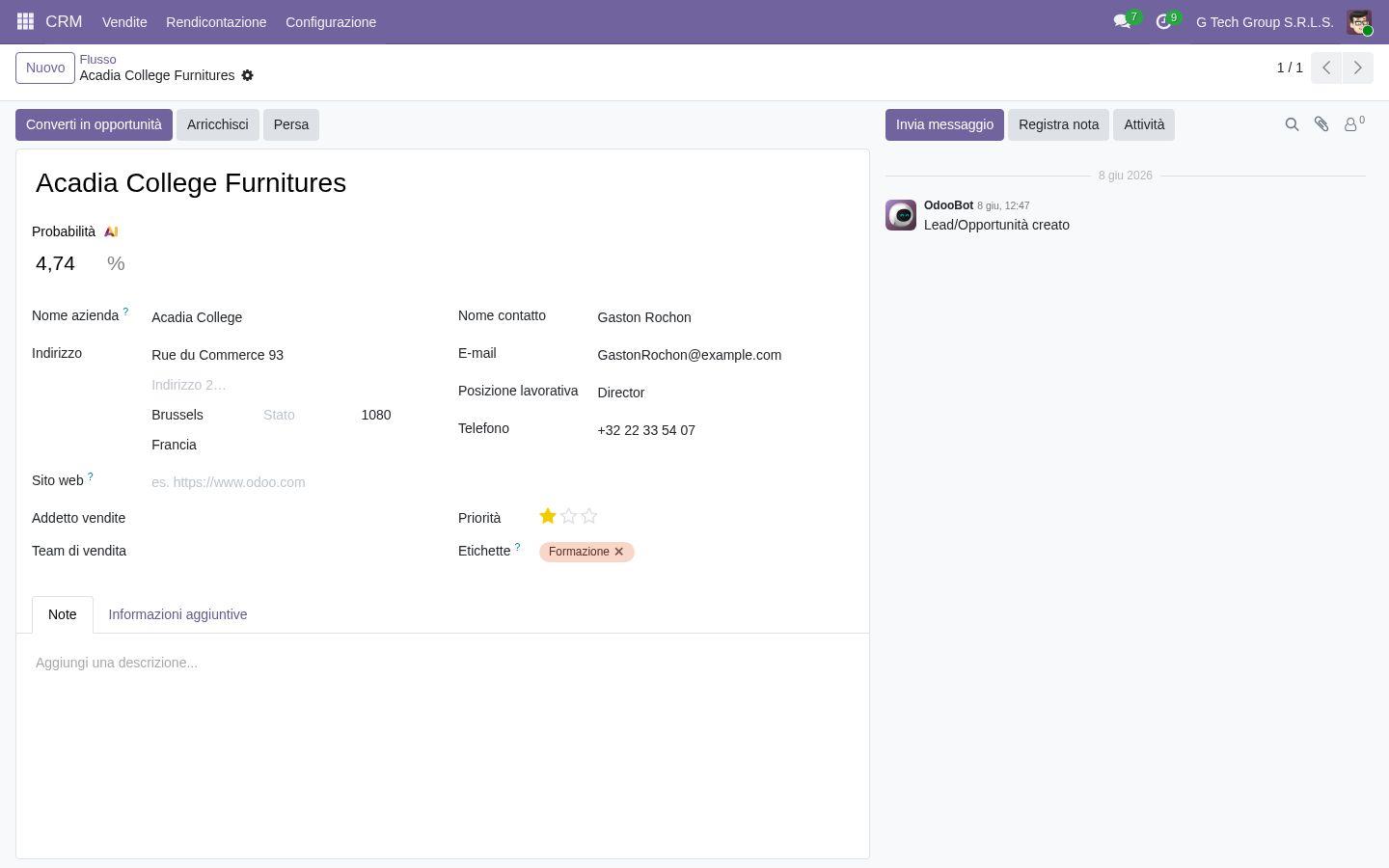 Schedule call activity CRM Odoo 19 PMI italiane sales