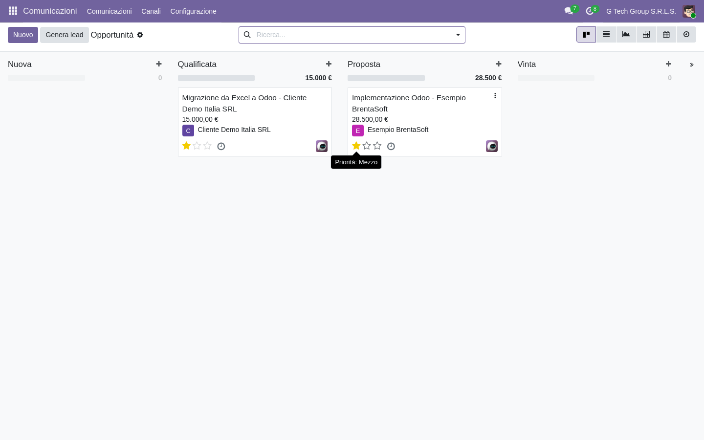 CRM Pipeline Odoo 19 kanban per formazione team vendite con lead opportunità clienti