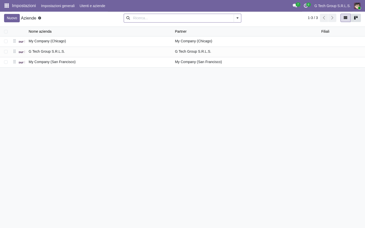 Aziende configurate in Odoo 19 G Tech Group S.R.L.S. con dati italiani