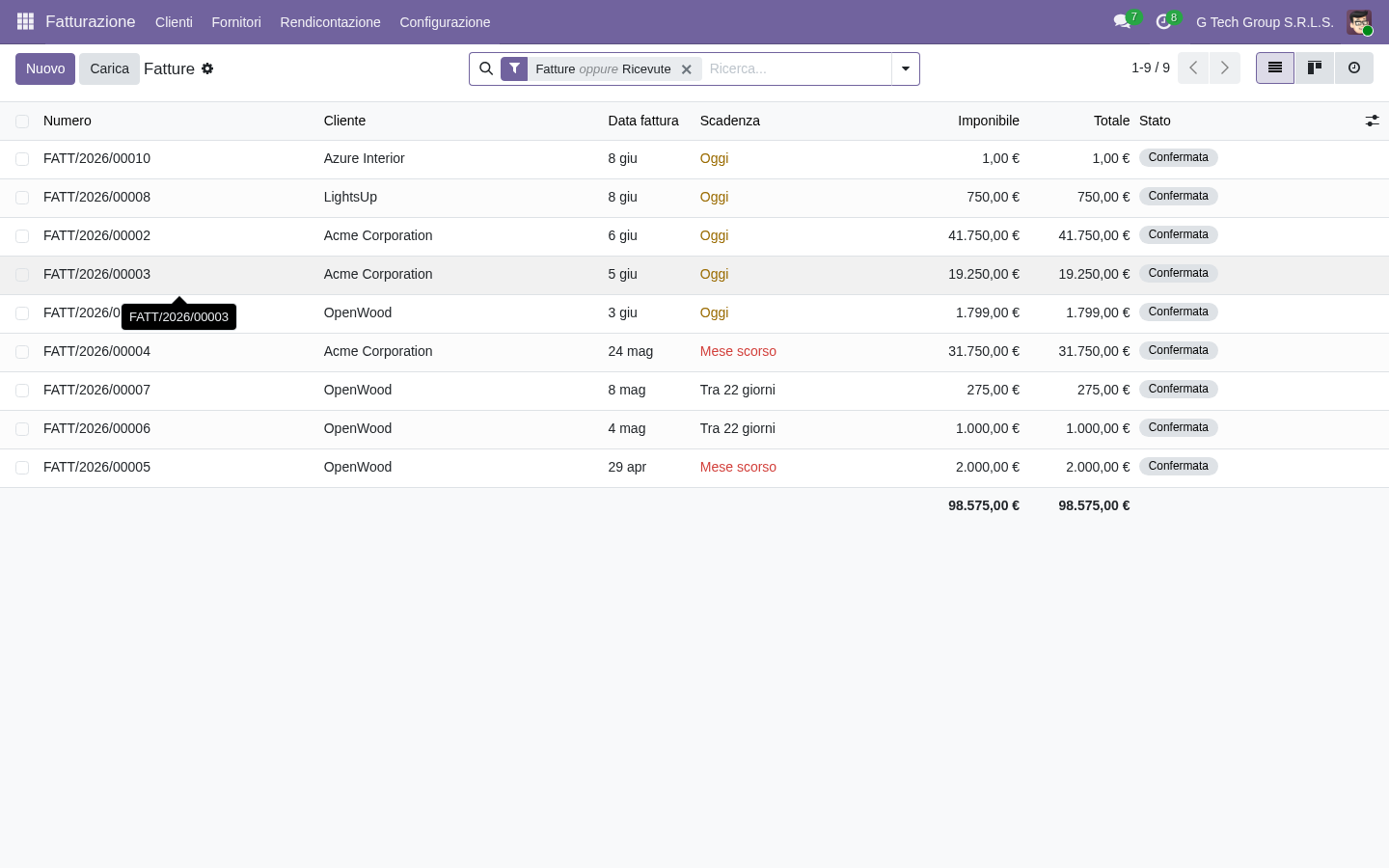 Dashboard Fatturazione con elenco fatture demo