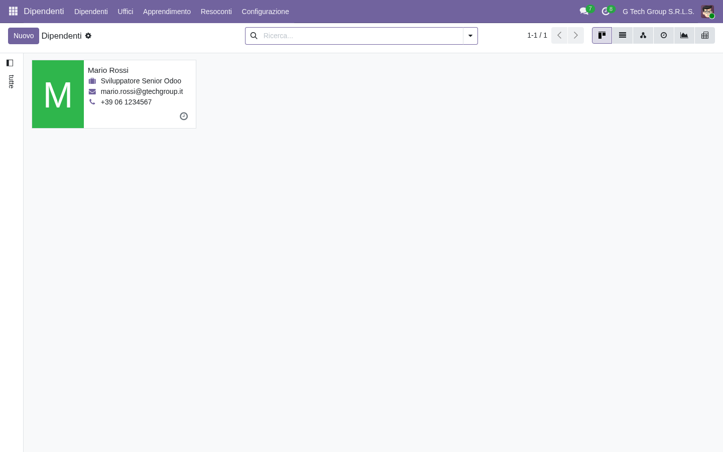 Lista dipendenti Odoo 19 vista kanban con Mario Rossi
