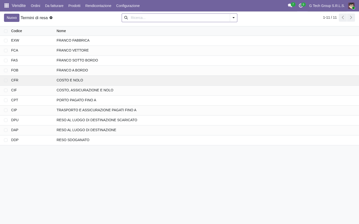 Odoo 19 Incoterms 2020 international shipping export PMI italiane