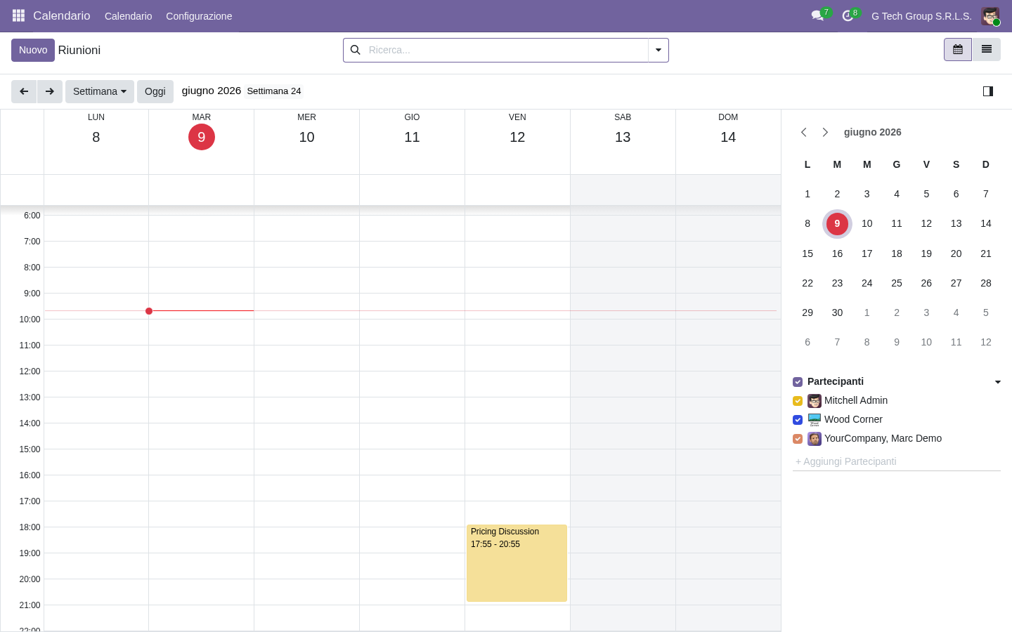 Calendario Odoo 19 per scheduling meeting kick-off progetto e riunioni ricorrenti settimanali