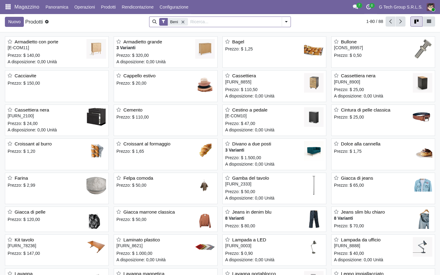 Catalogo prodotti Odoo 19 vista kanban con foto e prezzi