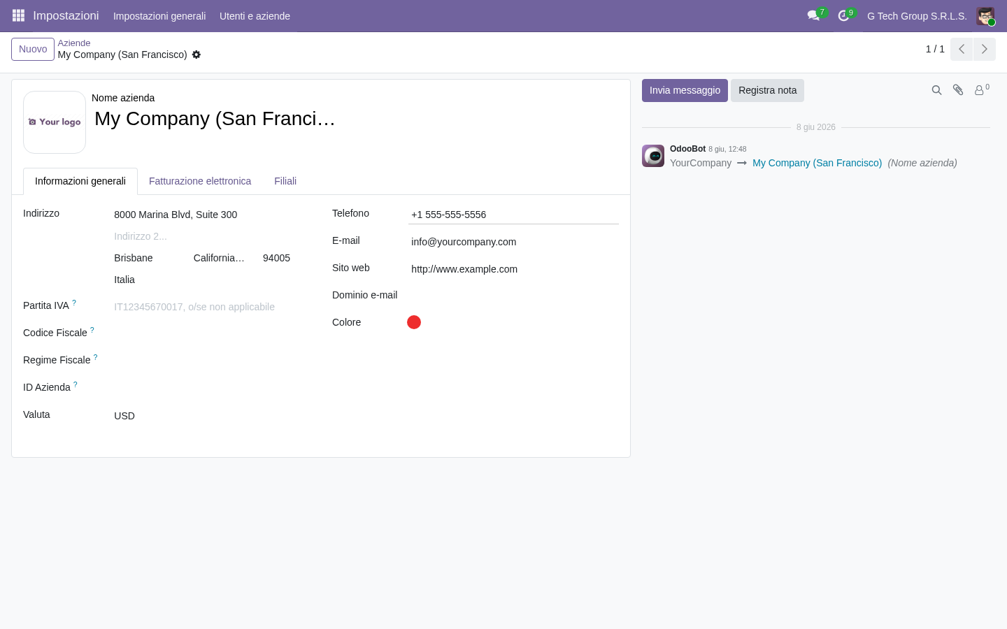 Odoo 19 società estera controllata con localizzazione USA in un gruppo multi-società