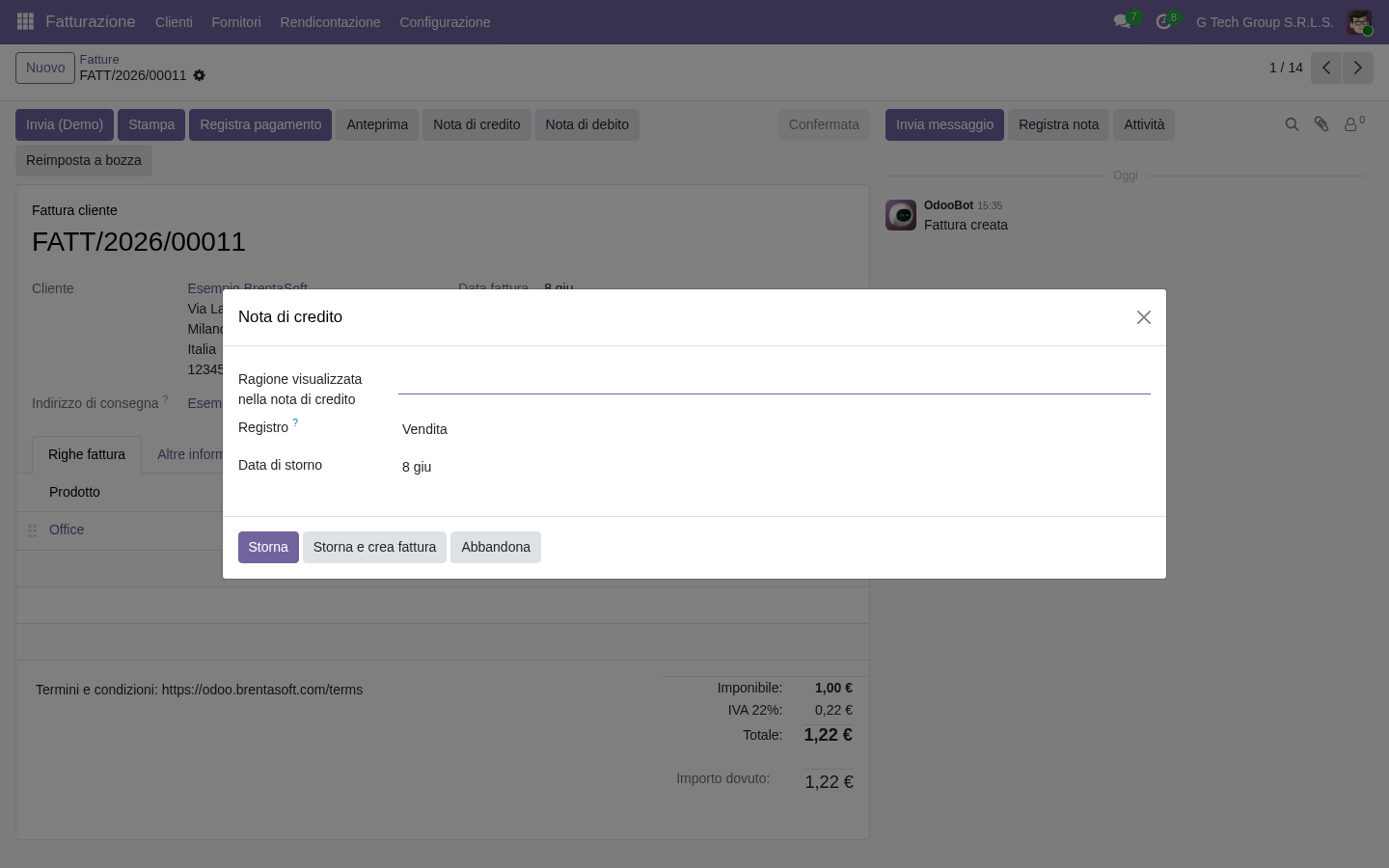 Wizard nota di credito aperto in Odoo 19