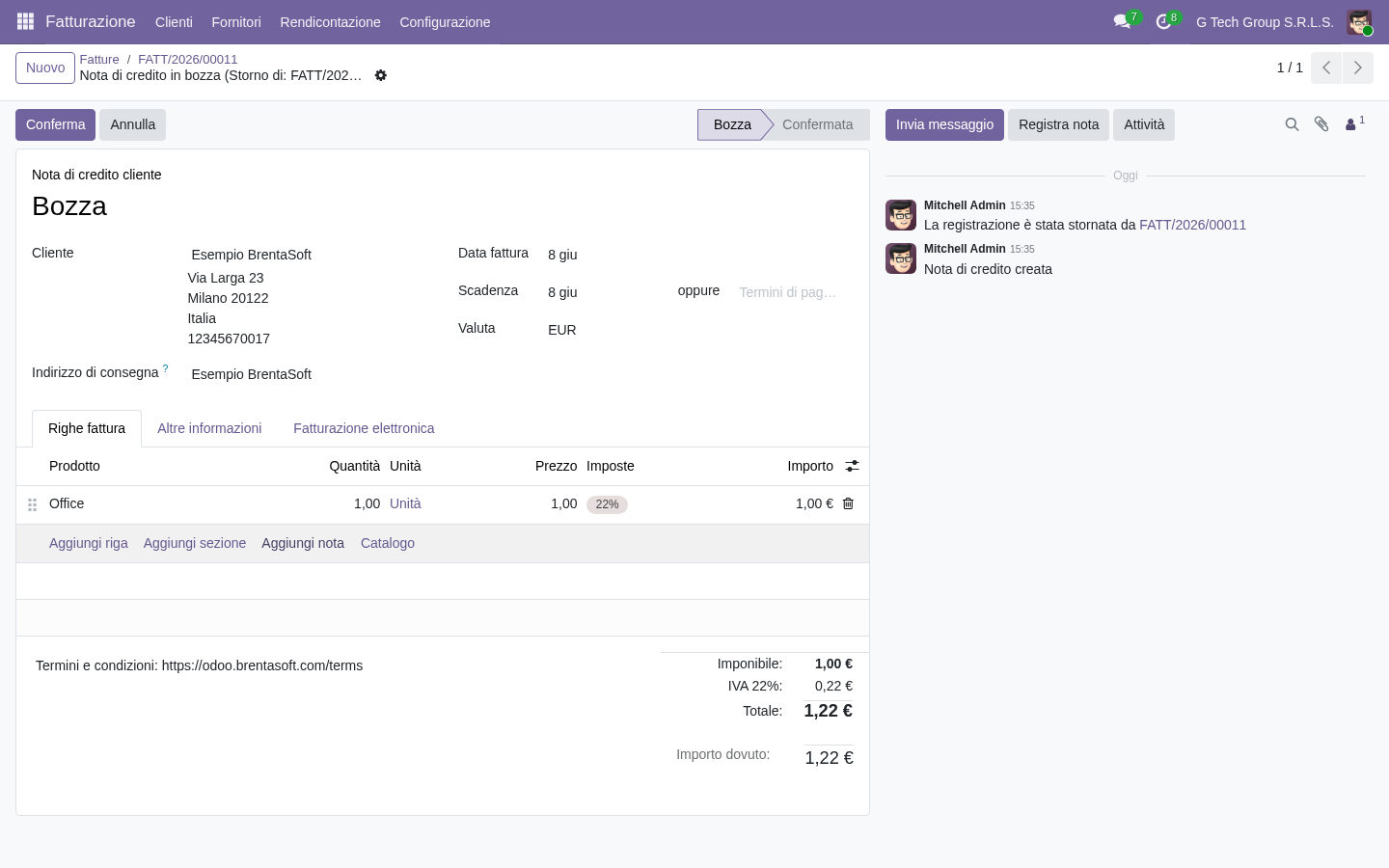Nota di credito in bozza creata da Odoo