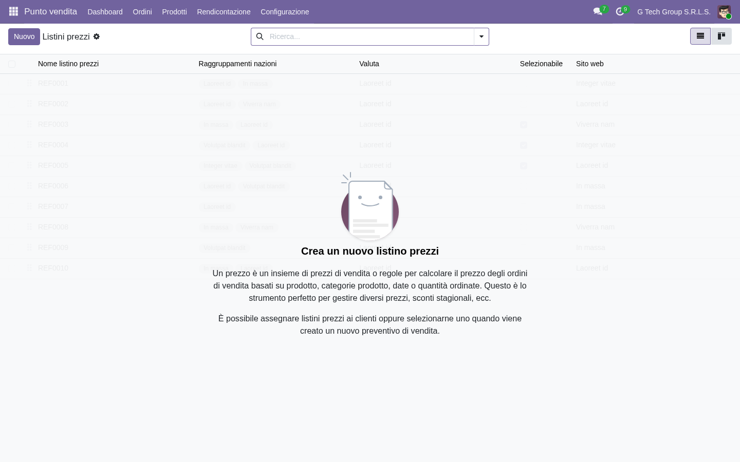 Odoo 19 pricelist list view PMI italiane configurazione listini