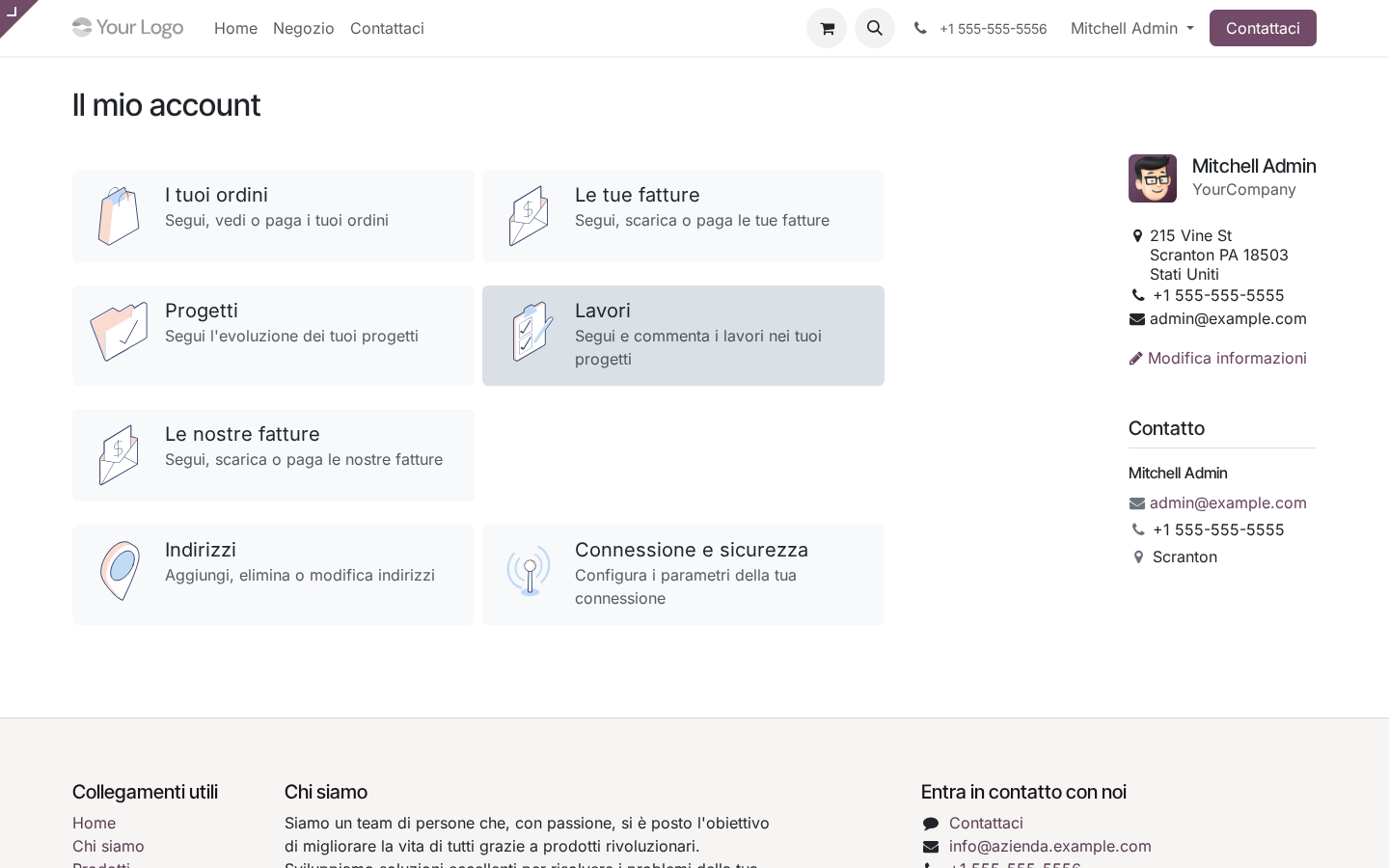 Odoo 19 customer portal home dashboard cliente PMI italiane