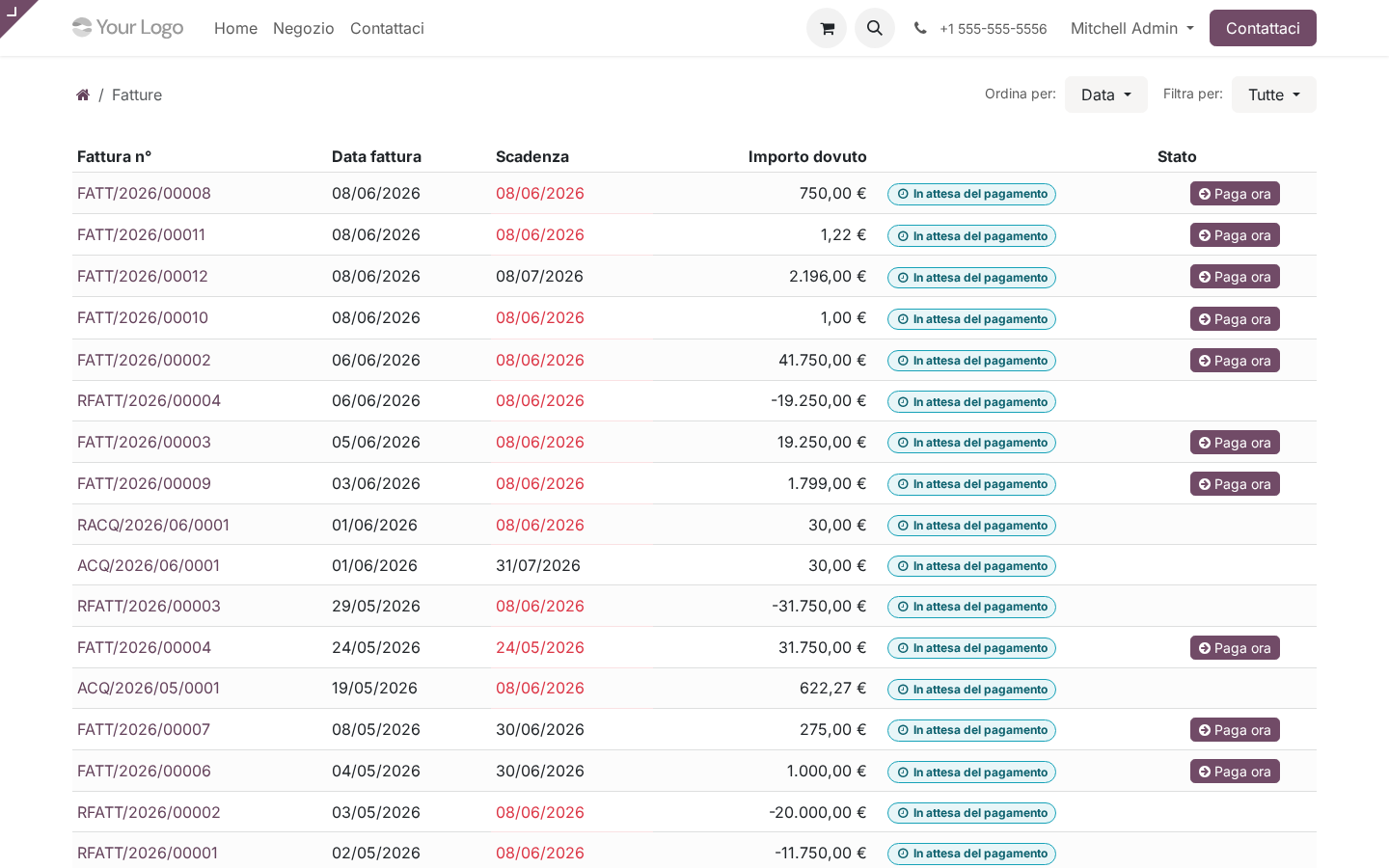 Odoo 19 customer portal fatture lista download payment