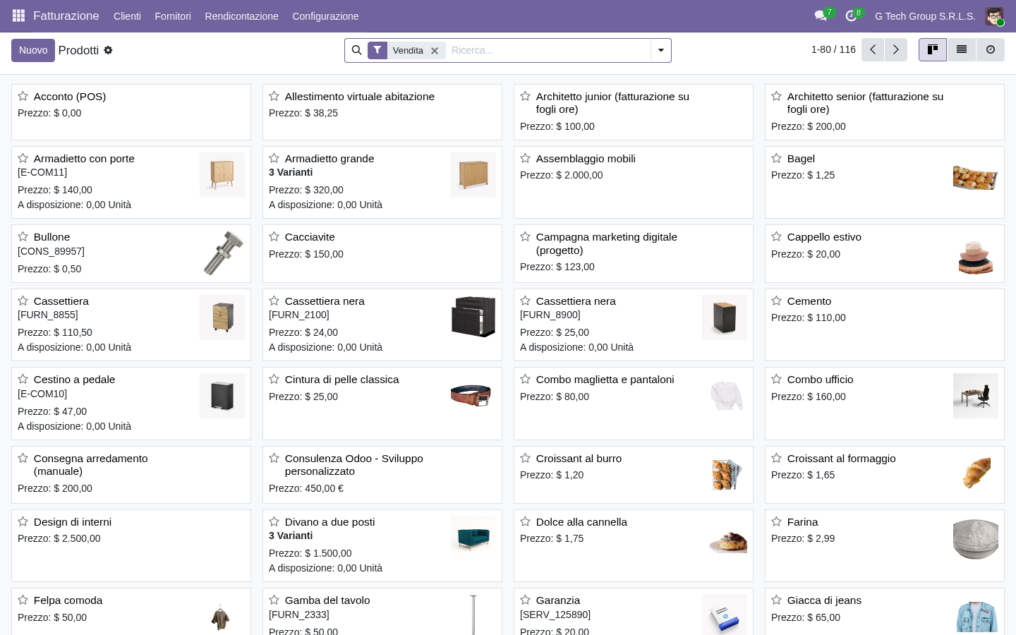 Lista prodotti Odoo 19 vista kanban