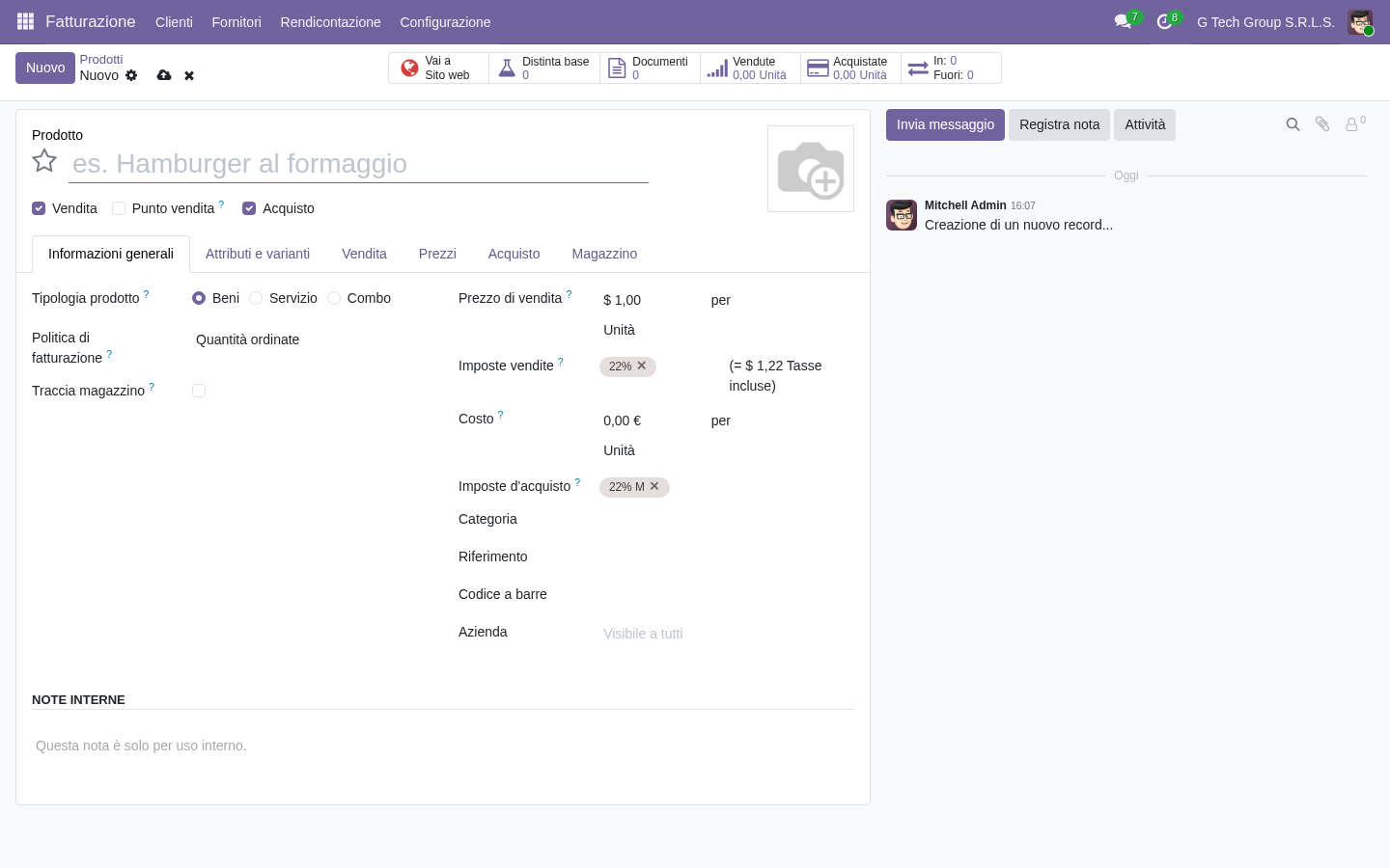 Form nuovo prodotto Odoo 19 vuoto