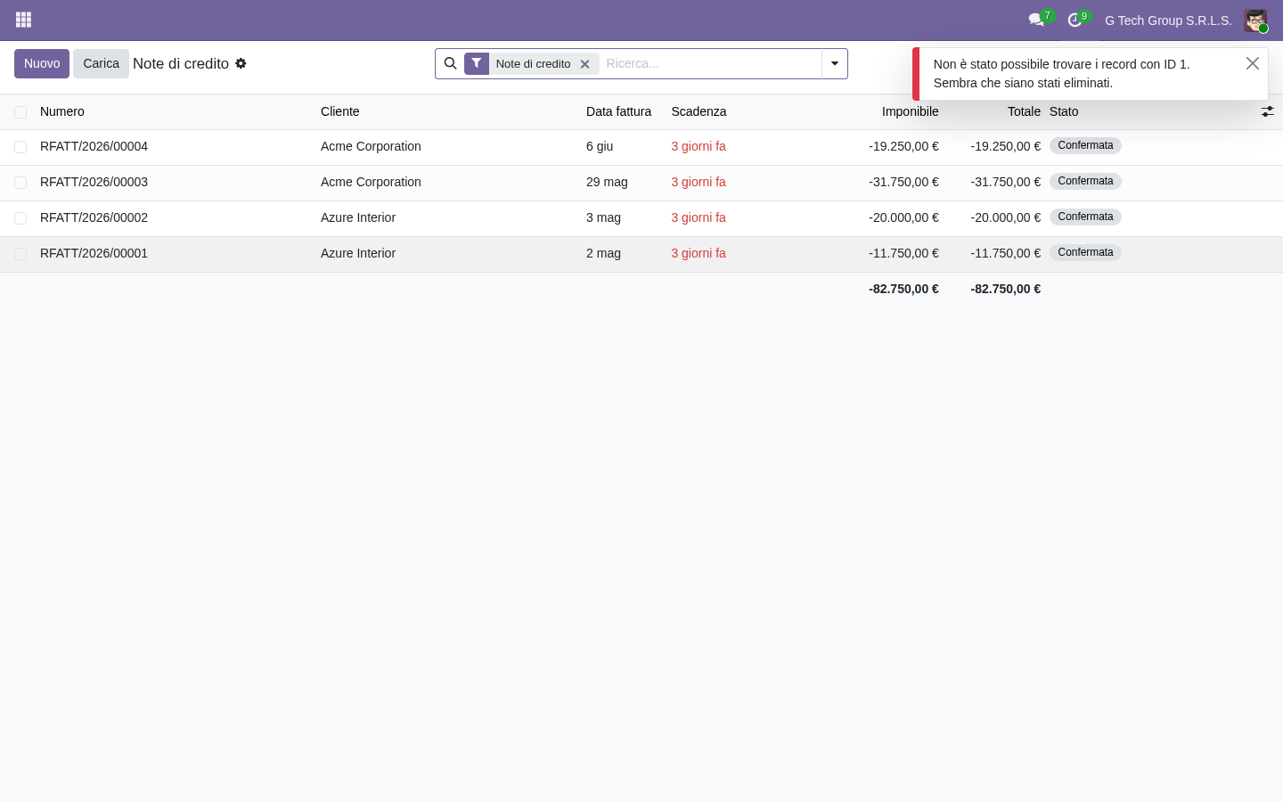 Odoo 19 dettaglio nota di credito con righe e rimborso parziale