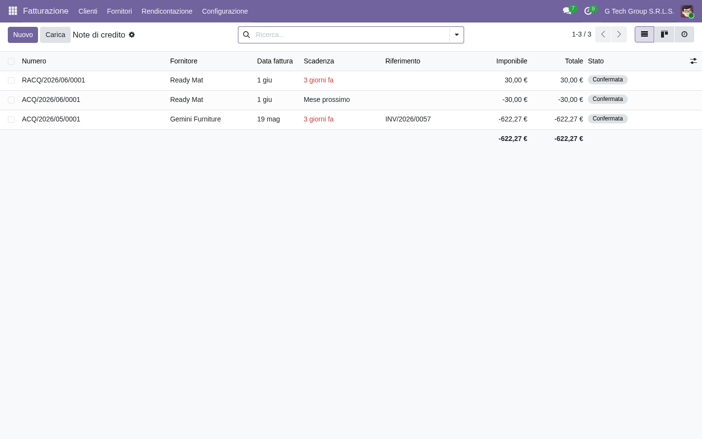 Odoo 19 note di credito ricevute dai fornitori negli acquisti