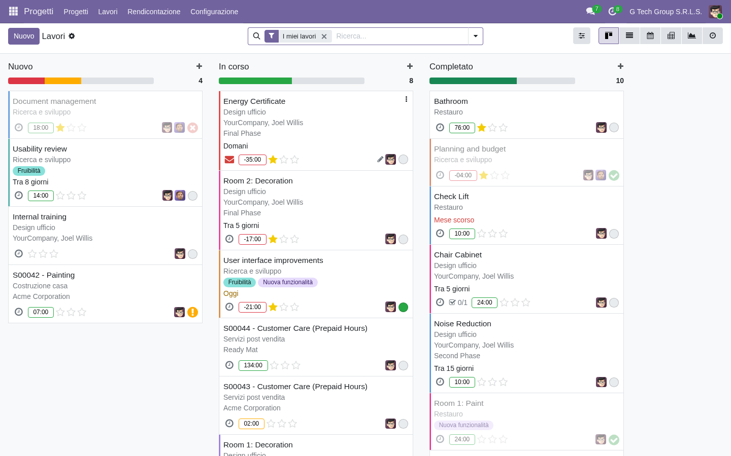 Workflow task Odoo 19 con 3 stage Nuovo In corso Completato per gestione progetto RFP
