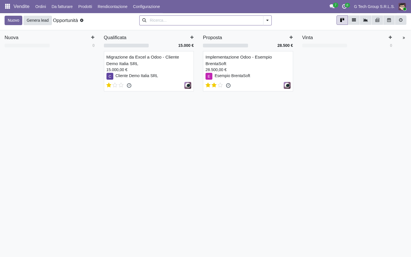 Pipeline CRM Odoo 19 con opportunità qualificata e proposta valore 43.500€
