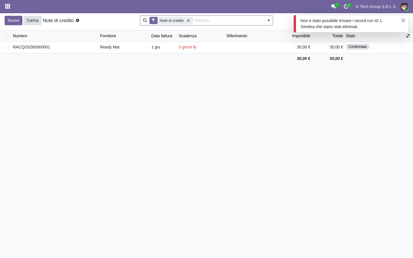 Nota di credito fornitore TD04 su acquisti SdI in Odoo 19