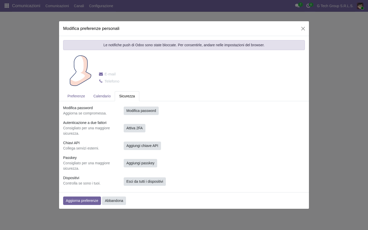 Tab Sicurezza Odoo 19 con 2FA, password, API key, Passkey, dispositivi