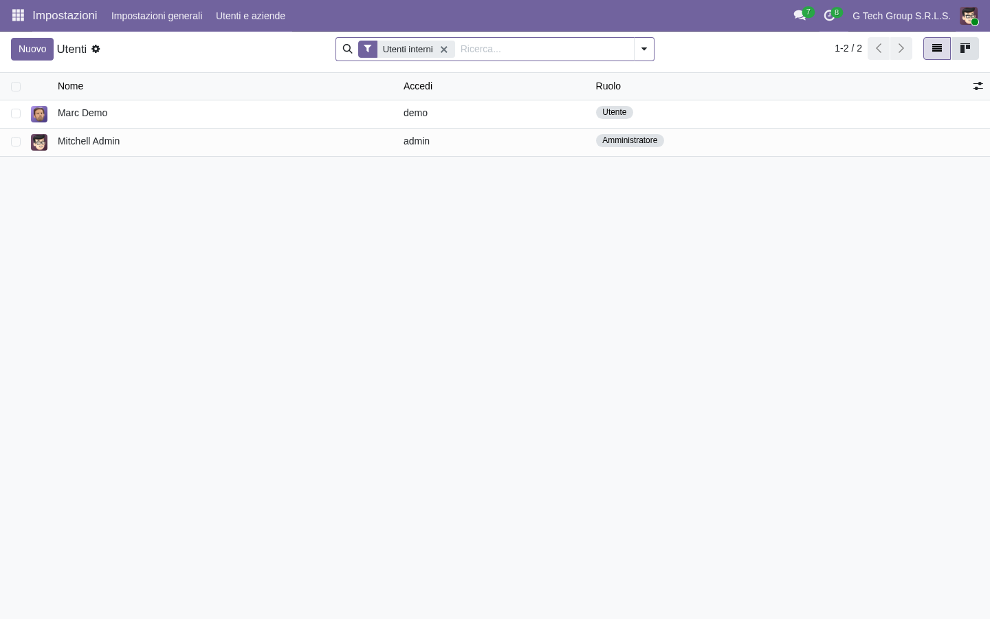Lista utenti Odoo 19 con ruoli Amministratore e Utente