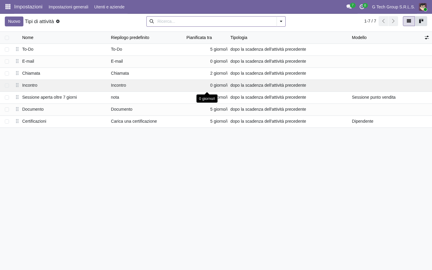 Activity types Odoo 19 per gestione ticket supporto e workflow ricorrenti PMI